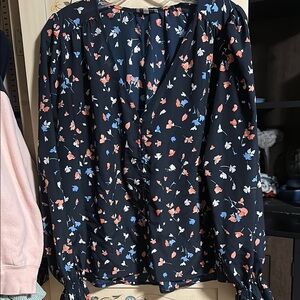 Blue and White Long Sleeve Blouse with Peter Pan Collar